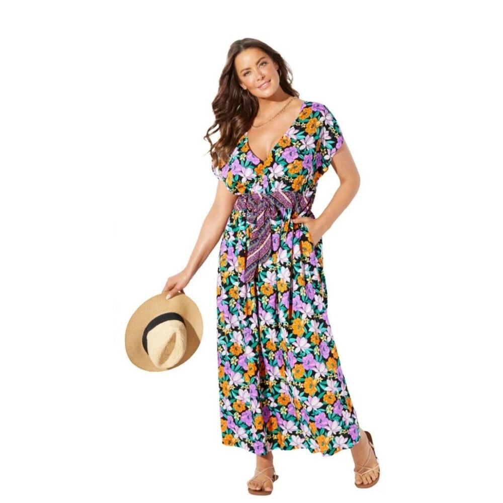 SWIMSUITS FOR ALL Size 22/24 Stephanie V-Neck Coverup‎ Maxi Dress Floral Garden